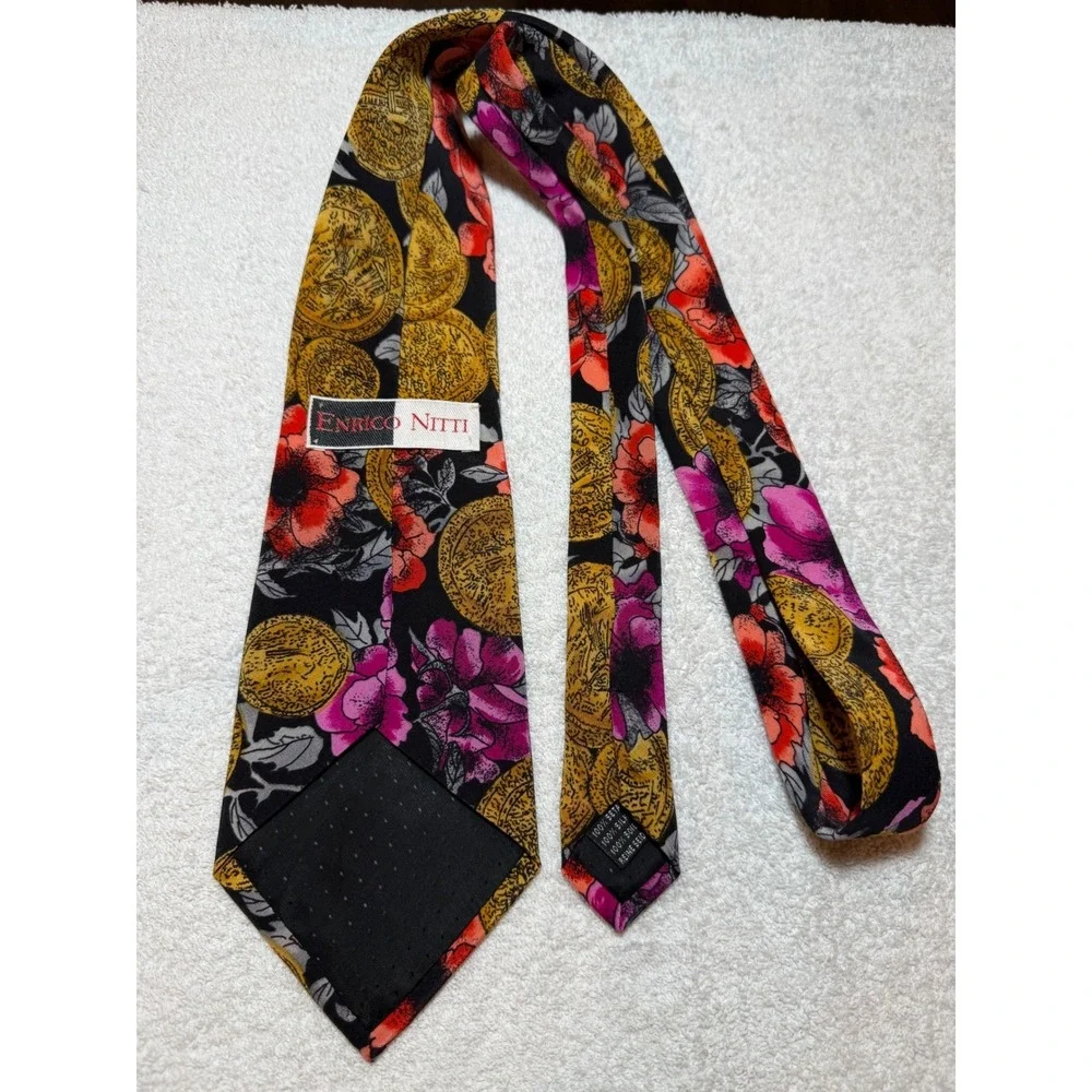 Enrico Nitti Mens Silk Tie Italy Gold Coins Floral Red Magenta Black Necktie